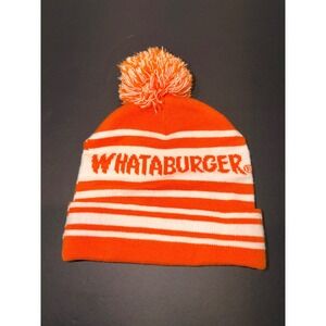Whataburger Beanie‎ Hat Orange White Striped Pom Pom Cuffed Knit Cap Texas
